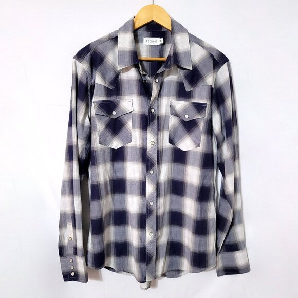 Tecovas Other - Tecovas Mens Pearl Snap Long Sleeve Shirt Size M Blue Plaid Flap Pocket Western